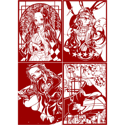 卡通人物a剪纸底稿图案8张中国风手窗花工刻纸图样黑白打印底稿