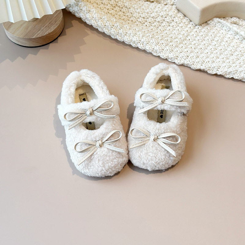 女童棉鞋甜美外穿宝宝毛毛鞋新款加绒豆豆鞋蝴蝶结平底冬鞋保暖鞋