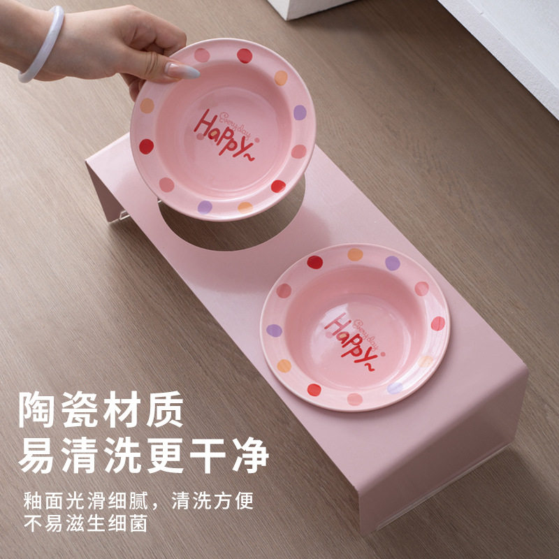 斜口陶瓷双碗飞碟草帽宠物猫咪碗高脚护颈椎防打翻饮水粮食猫狗碗