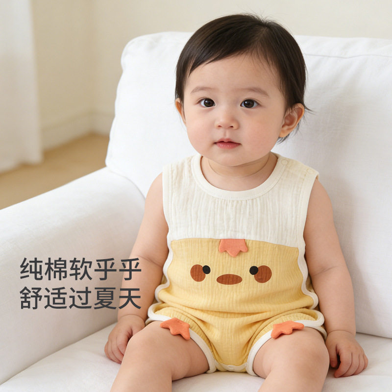 夏季婴儿无袖连体衣A类纯棉透气女宝宝可爱小鸡爬服新生儿