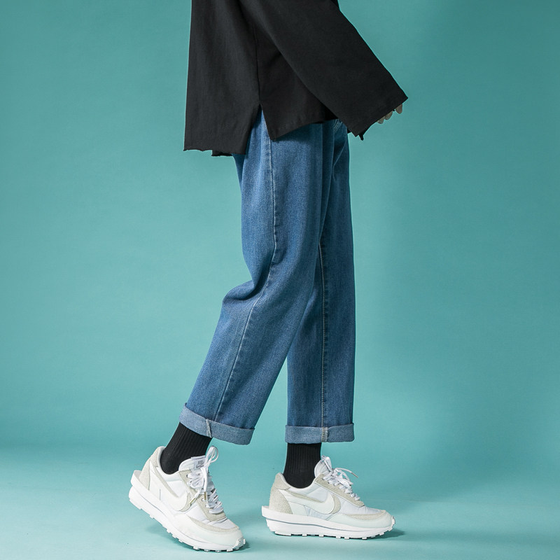 夏季薄款浅色牛仔裤男潮牌直筒宽松ins港风休闲九分裤子男韩版潮