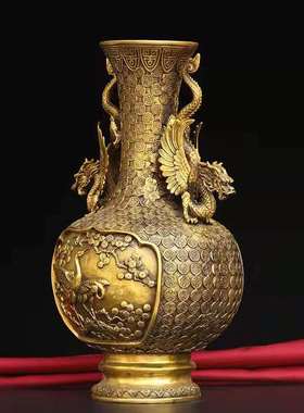 纯铜龙凤花瓶摆件一对双龙耳松鹤凤凰瓶家居玄关酒柜办公室装饰品