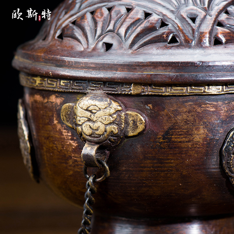 佛前礼佛供佛薰香炉 尼泊尔手工雕花复古紫铜盘香炉 可悬挂吊炉