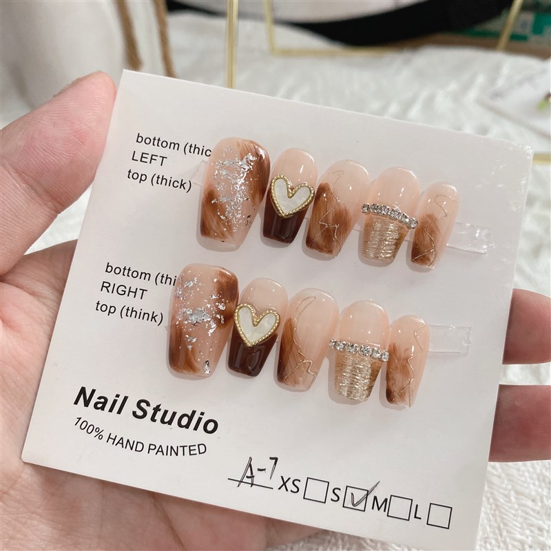 纯手工穿戴甲成品贴片短款咖色晕染金箔爱心美甲可拆卸假指甲