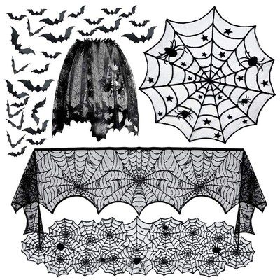 Halloween Black Spider Web Lace Tablecloth Bat Spider Firepl