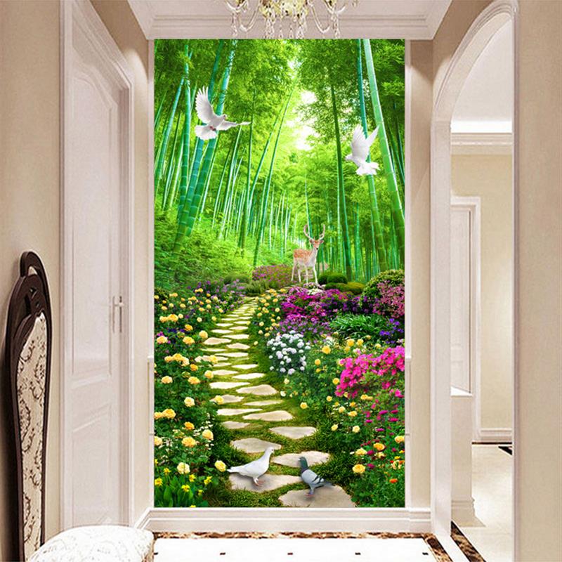 现代简约风景延伸树林玄关墙布进门过道竖版影视墙立体3D壁纸壁画