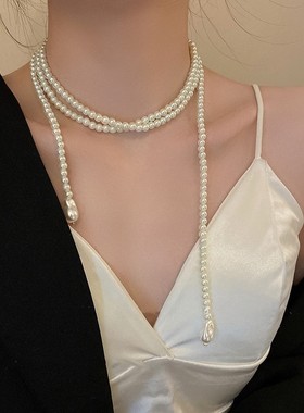 不规则双层珍珠项链多层叠戴颈链叠带复古长款女延长链长串珠加长