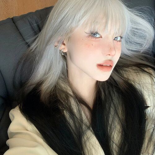 好货万圣节灰黑渐变假发女银灰爆顶染全头套女团哥特酷双色中长发