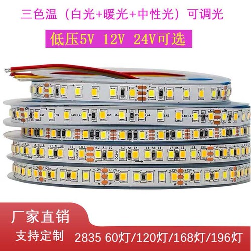LED灯带低压5V 12V 24V2835三色软灯条可调光变色智能镜前线条灯
