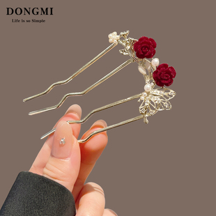 水钻气质旗袍发簪女头饰新娘红色蝴蝶u型簪子新中式盘发插梳发钗