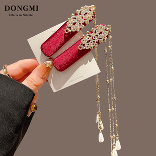 红鸾天禧~新中式红色珍珠流苏发夹女民族风新年半扎刘海bb夹头饰