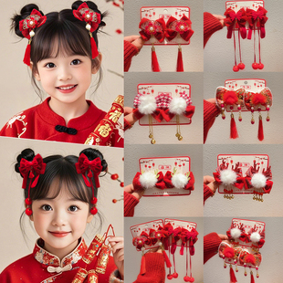 新年红色儿童发夹蝴蝶结发饰古风过年头饰中国风女童汉服拜年发卡