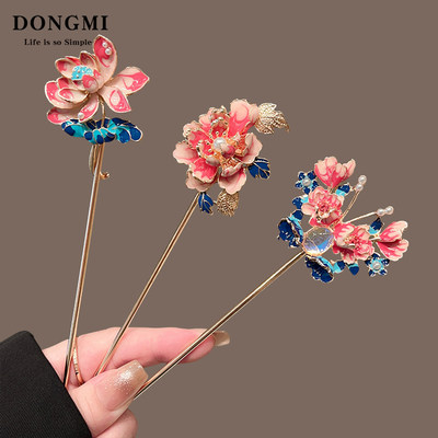 复古镶钻发簪古风烧蓝牡丹簪子女