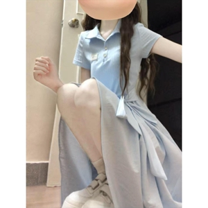 法式蓝色polo领连衣裙子女夏季2026新款小个子巨好看气质收腰长裙