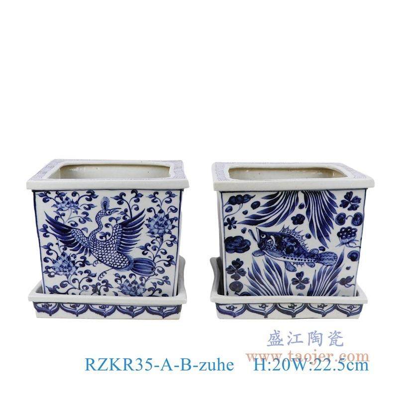中式景德镇青花陶瓷四方花盆手绘仙鹤鱼藻纹兰花盆室内外方形花盆,3C数码配件,USB灯,淘宝优惠券,粉丝福利购,淘宝优惠卷