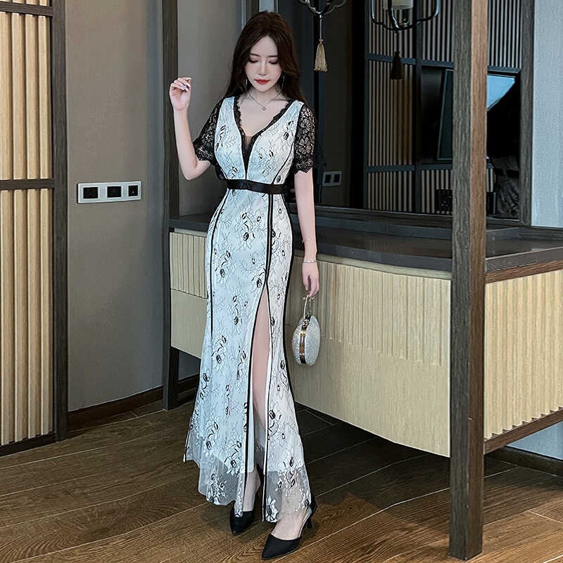 好货名媛性感低胸沐足会所2025新款v领开叉旗袍技师工衣连衣裙工
