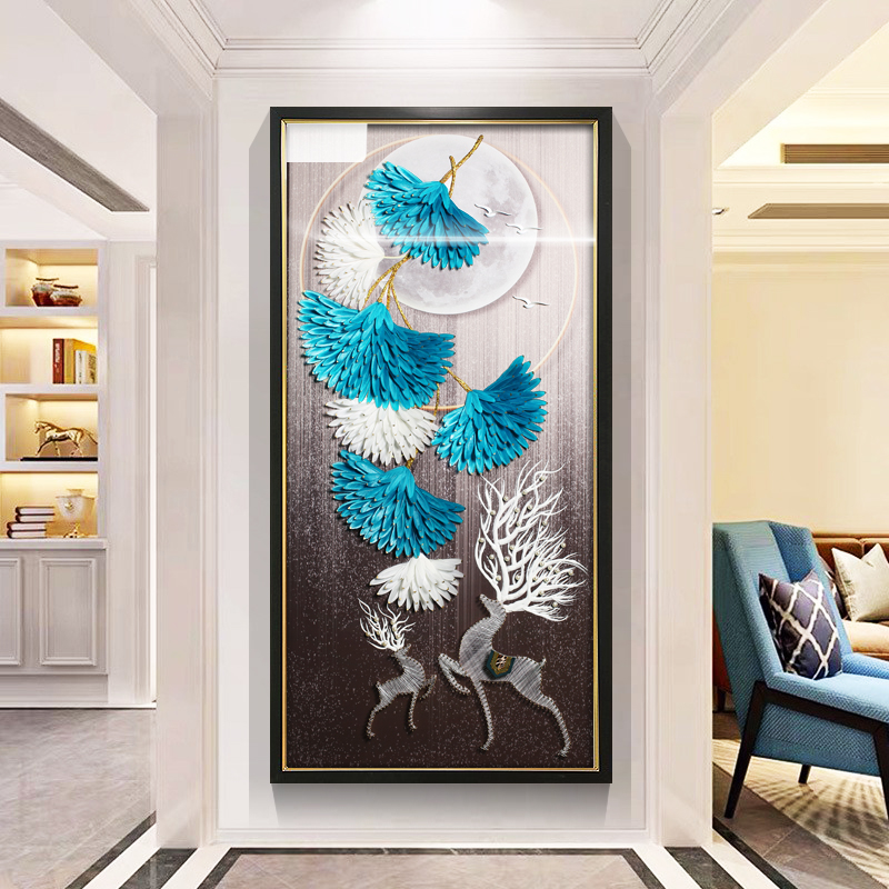 现代简约入户玄关纯手工羽毛实物挂画走廊过道竖版金丝线鹿装饰画