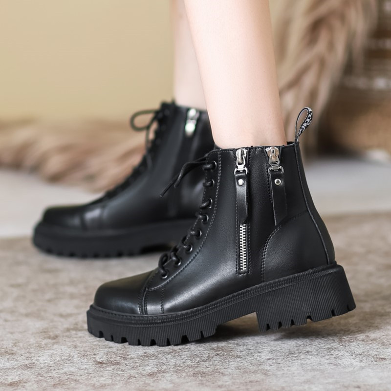 小皮鞋女英伦风短靴帅气真皮侧拉炼短筒马丁靴2022年新款黑色靴子