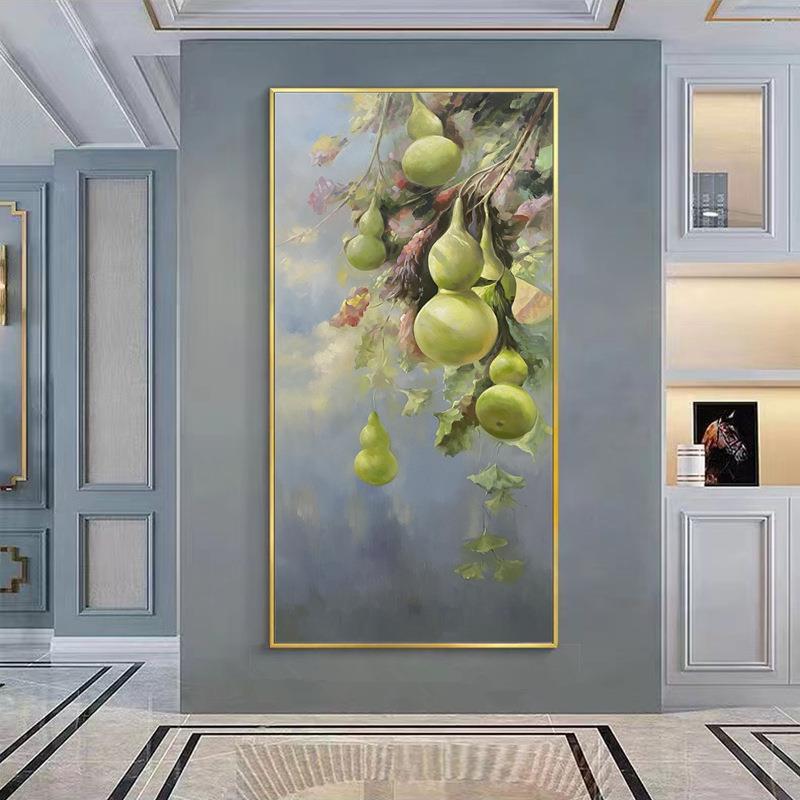 纯手绘油画新中式入户玄关装饰画过道走廊尽头挂画葫芦五福临门