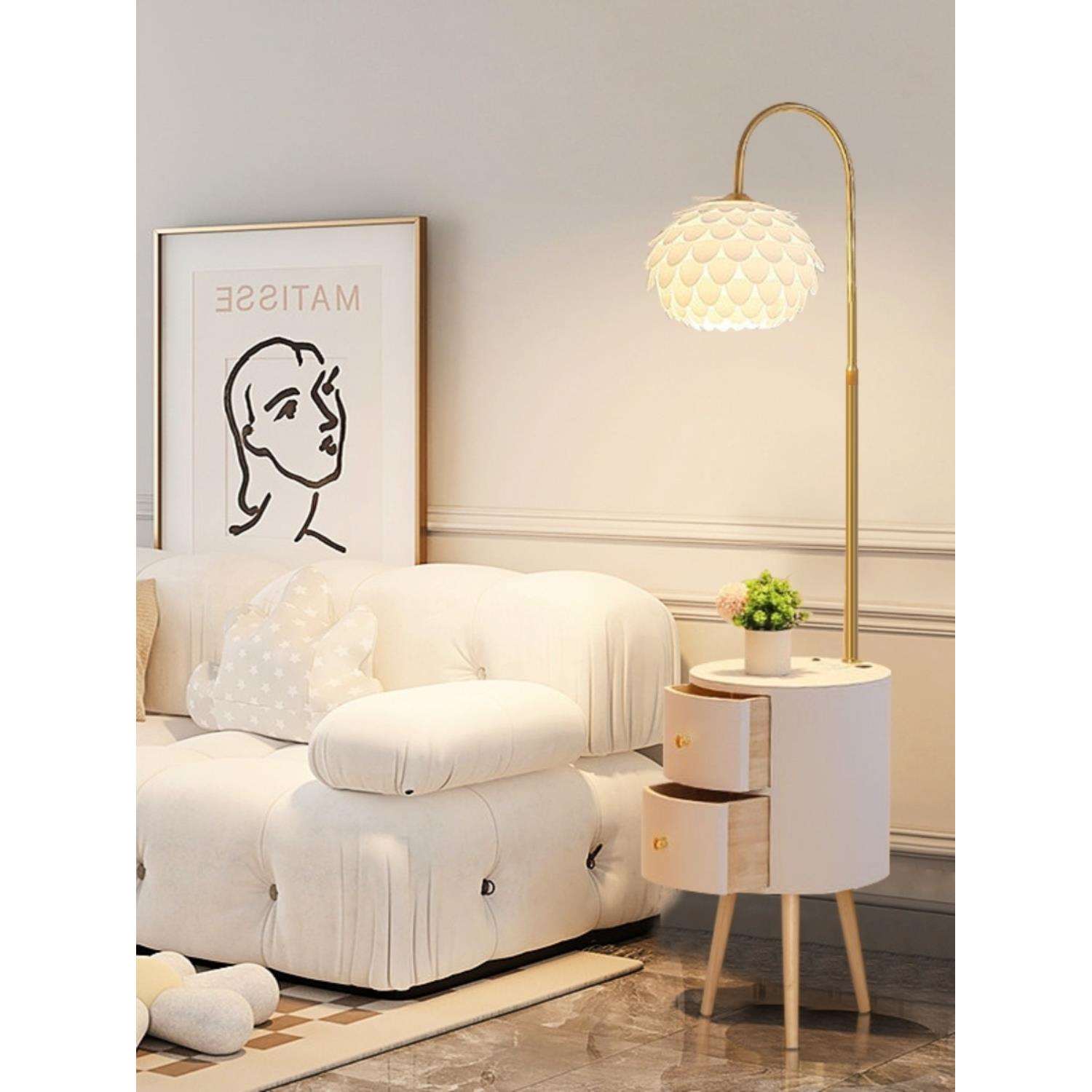 卧室落地灯客厅沙发边几光奶油风氛围感复古置物架床头柜一体台灯