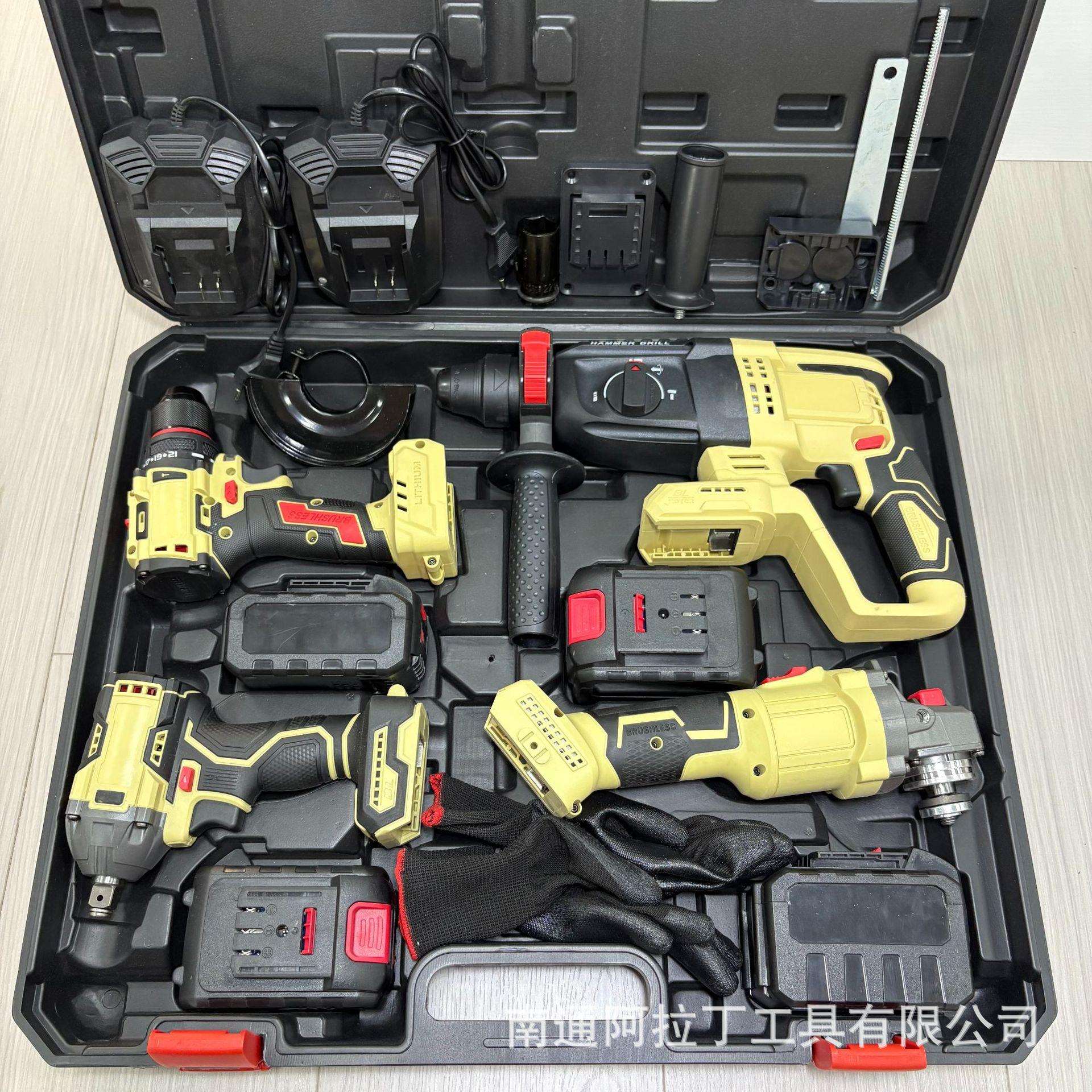 外贸跨境浅黄白色锂电无刷电动工具3件4件套100MM125MM角磨机可选