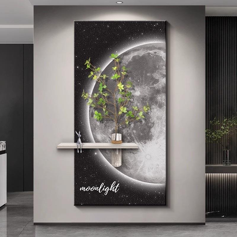 黑白灰入户玄关装饰画月球走廊尽头挂画水培绿植高级感正对门壁画