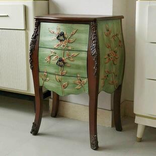 复古彩绘实木床头柜美式小边柜小角柜花架边几小圆几两斗邦贝柜