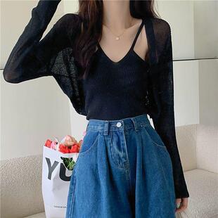 韩版冰丝针织防晒开衫女夏季薄款披肩外搭罩衫短款小坎肩外套上衣