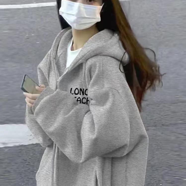 纯棉秋冬加绒加厚连帽卫衣女2024新款oversize美式拉链开衫外套潮