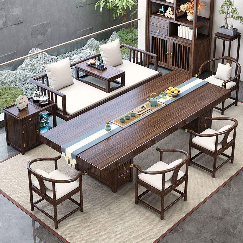 乌金木实木大板茶桌罗汉床组合新中式客厅办公室茶几茶台椅一整套