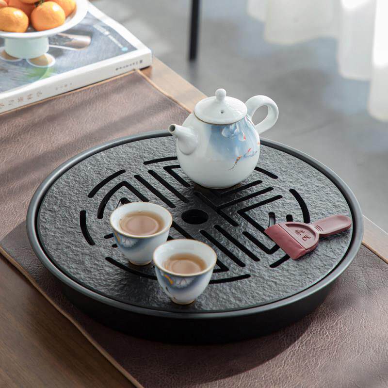 2025新款茶盘圆形乌金石盘不锈钢茶盘家用沥水茶台排储两用茶托