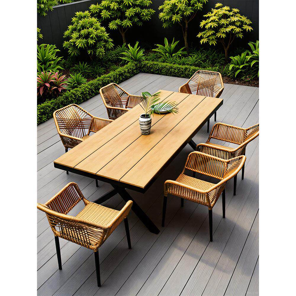 户外桌椅组合塑木桌庭院露天阳台露天编藤靠背藤椅子室外休闲桌椅