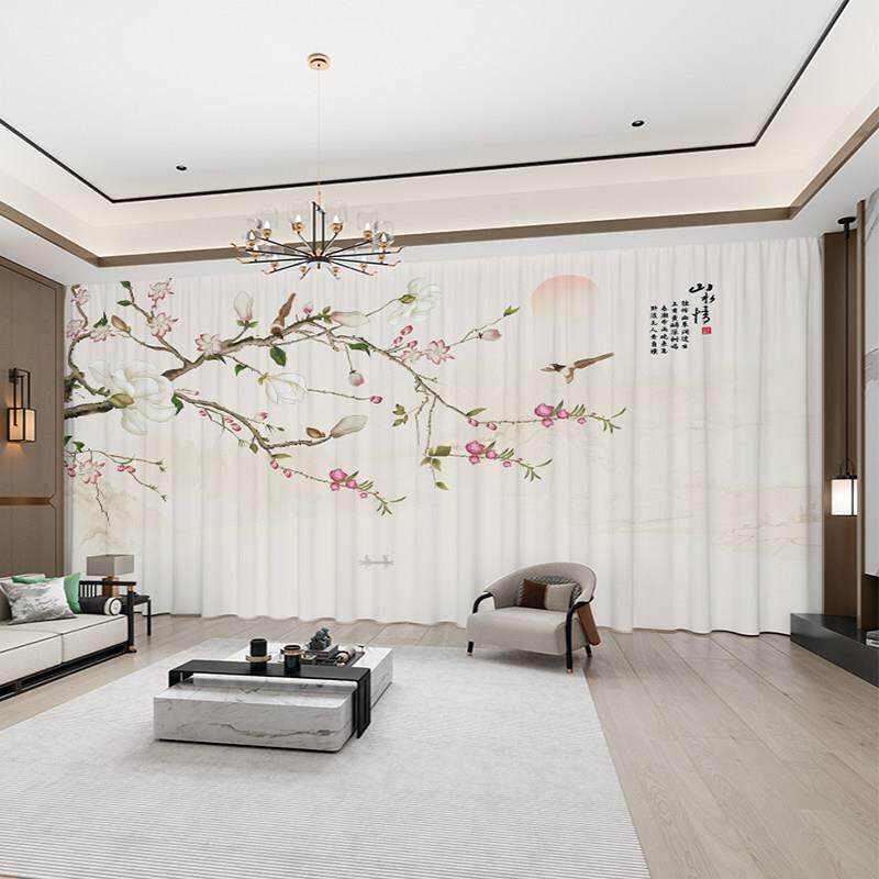 新中式窗帘遮光2026新款山水花鸟客厅阳台水墨山水画风景纱帘定制