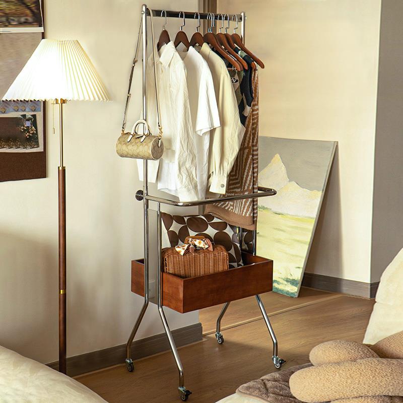 法式落地晾挂衣架中古风实木可移动次净卧室床头置物不锈钢衣帽架