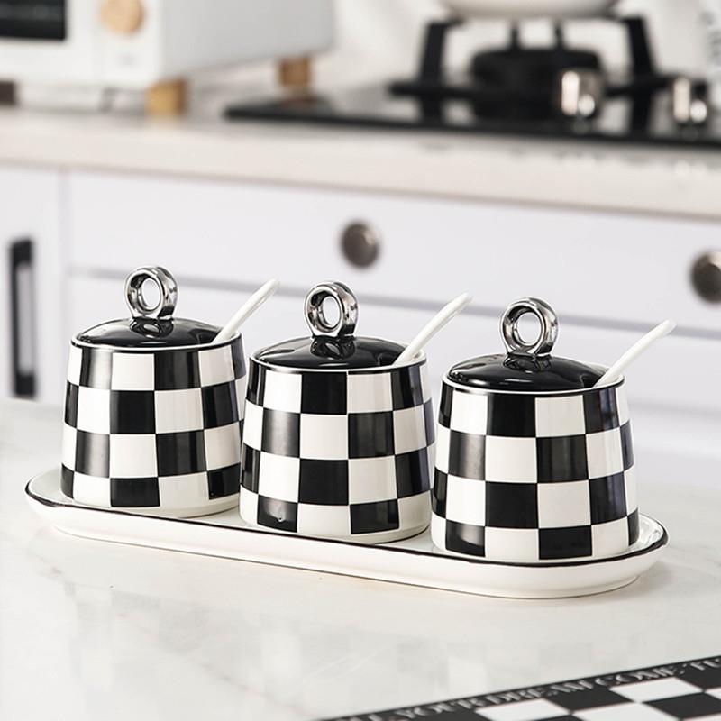 棋盘无障碍豪华陶瓷调味盒厨房家用in风调味瓶盐味精罐有盖组合套