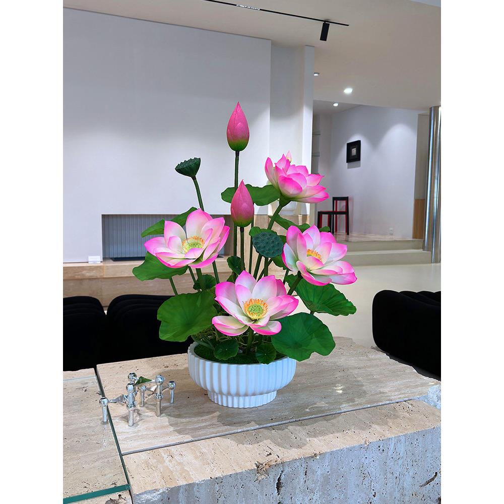 喜语高档手感荷花彷真花佛堂供佛莲花新中式客厅莲花摆件假花盆栽