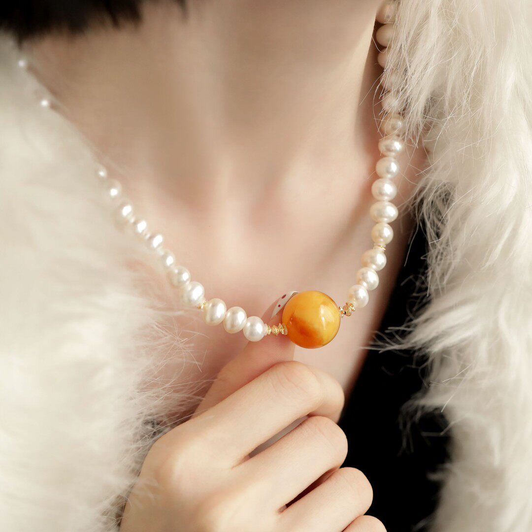 S925银珍珠蜜蜡大圆珠项链气质百搭时尚轻奢民族风新中式 N18867