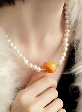 S925银珍珠蜜蜡大圆珠项链气质百搭时尚轻奢民族风新中式 N18867