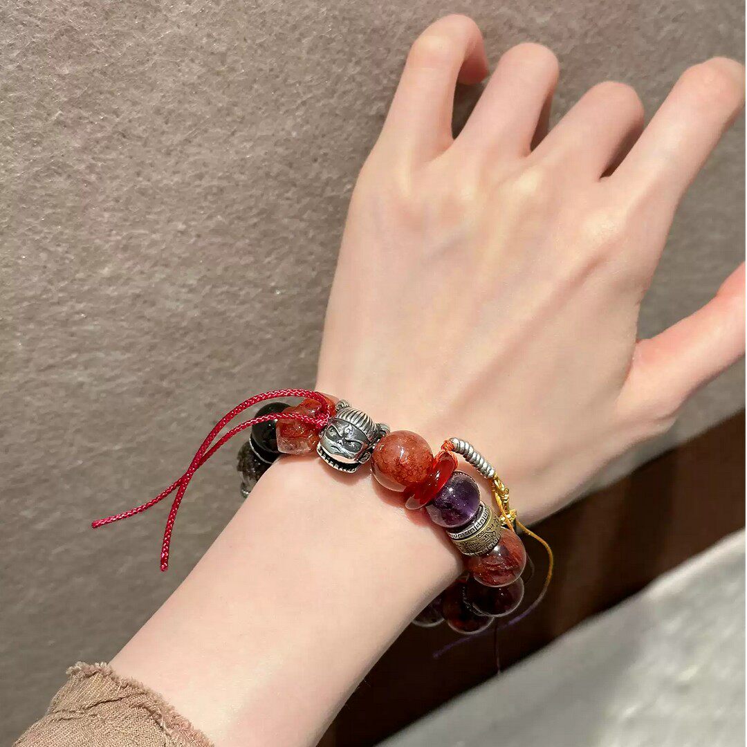 《哪吒》S925银水晶红胶花手链龙环哪吒手串 S10097