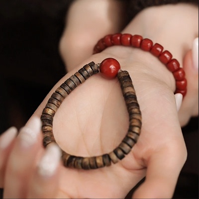 奇楠沉香隔片南红圆珠弹力手串禅意新中式 S12254
