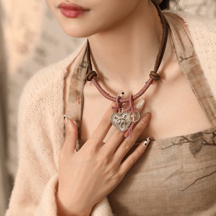 坠链均925银国风大象爱心编织项链情侣复古纯手工编绳古法 N14852