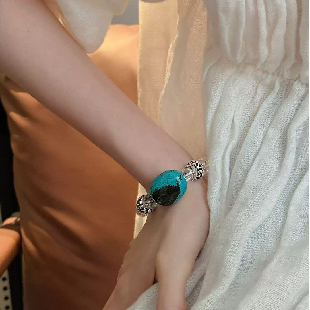 S925银白水晶绿松石(大小不一)鸢尾十字隔珠弹力手串 S11037