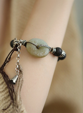 S925银糖料和田玉平安扣降真香圆珠花纹钟手链女国风设计 S08938