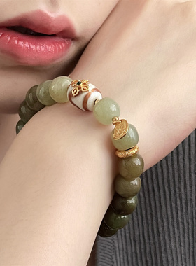 S925银和田玉渐变老型珠天珠扎基弹力绳手串 S08722