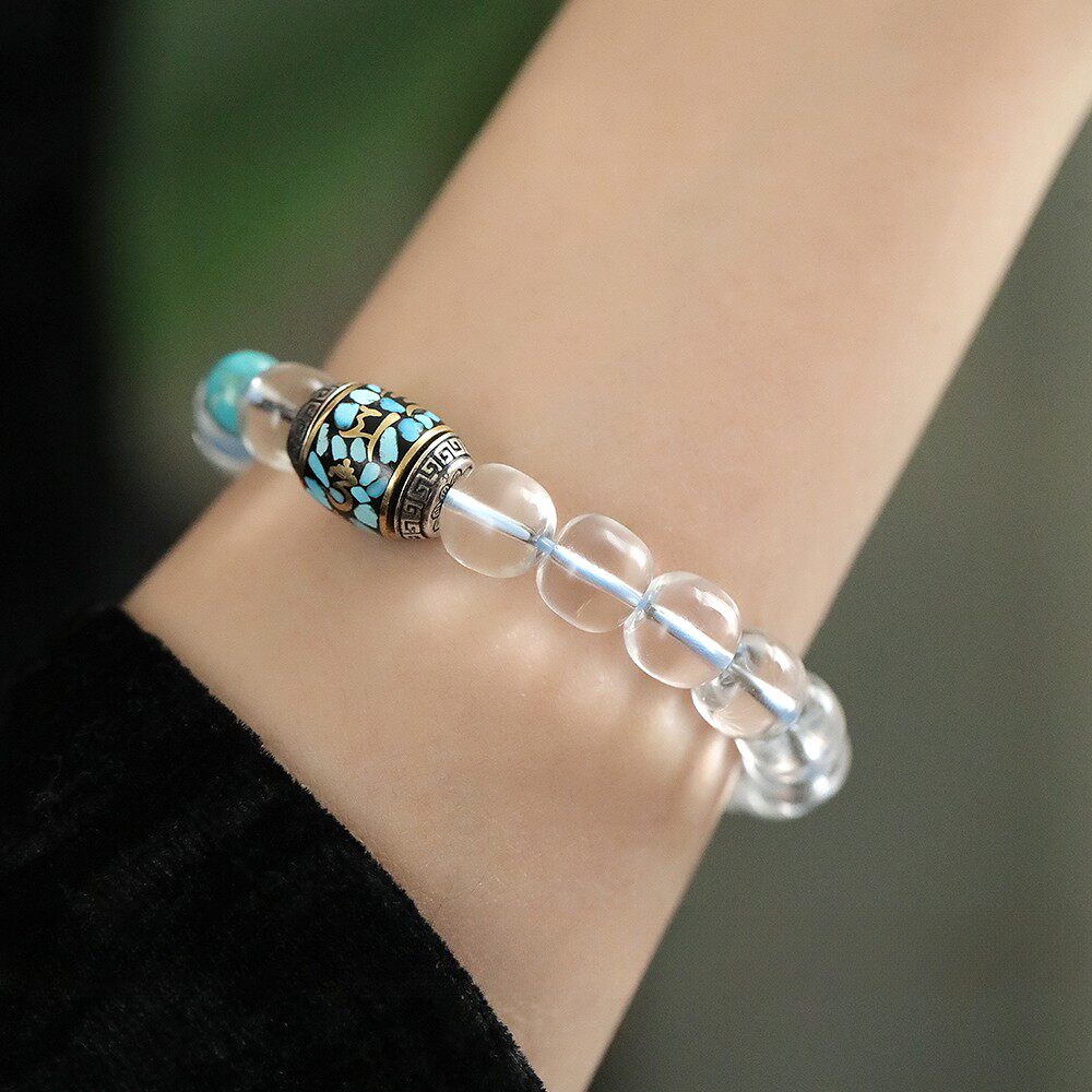 S925银随型珍珠绿松石莲花流苏吊坠白水晶蜻蜓手链 S10497