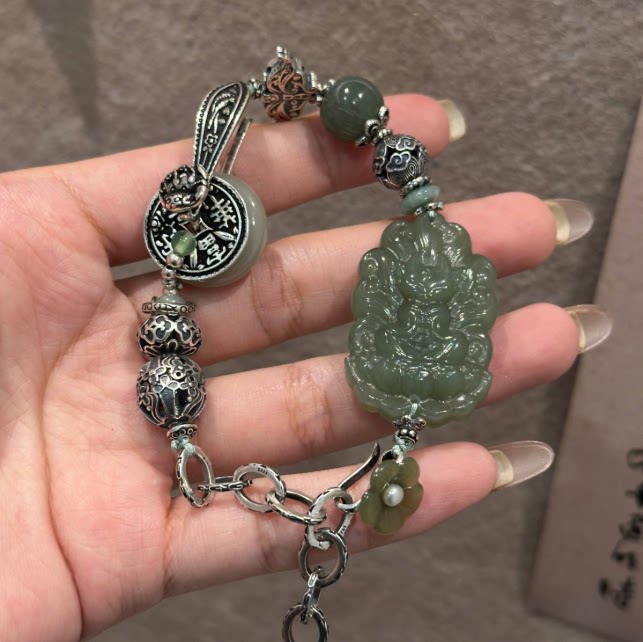S925银和田玉狐狸平安扣翡翠如意葫芦蝴蝶珍珠玉花扣手链 S11955