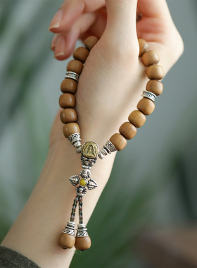 S925银旋转六字真言佛像祥云杵老山檀串珠手链小众 S08777