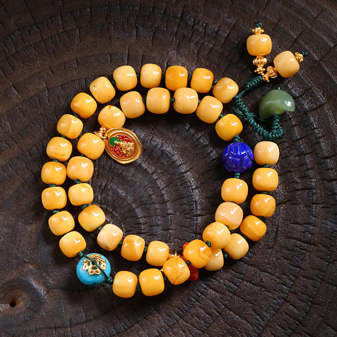 蜜蜡南红青金石莲花珠松石和田玉佛像称心如意项链 N18376