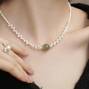 S925 5cm N19019 约38 S925银和田玉圆珠珍珠项链