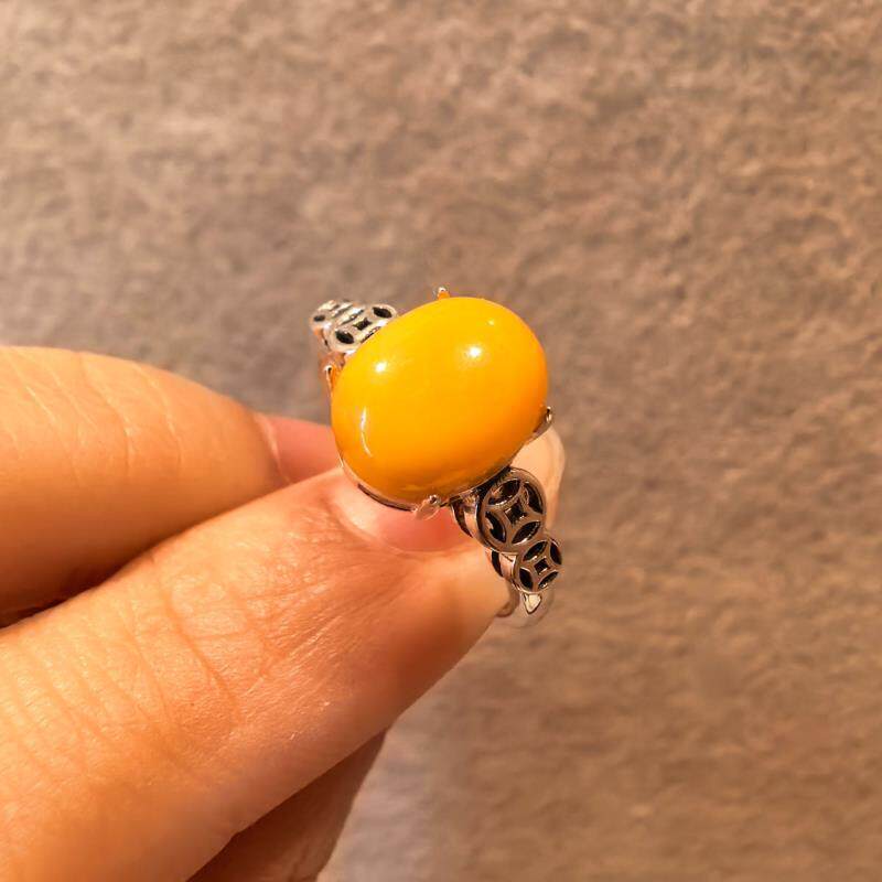S925银旦形蜜蜡铜钱戒指简约百搭银戒时尚国风活口可调节 J13710